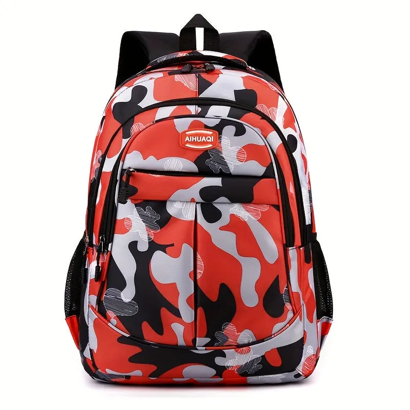 1pc Large Capacity Red Camouflage Preppy Backpack - Lightweight, Zipper Closure, Adjustable Shoulder Strap, Nylon Material, Sewing Thread Accents - Perfect for College, High School, Outdoor Travel, and Daily Use