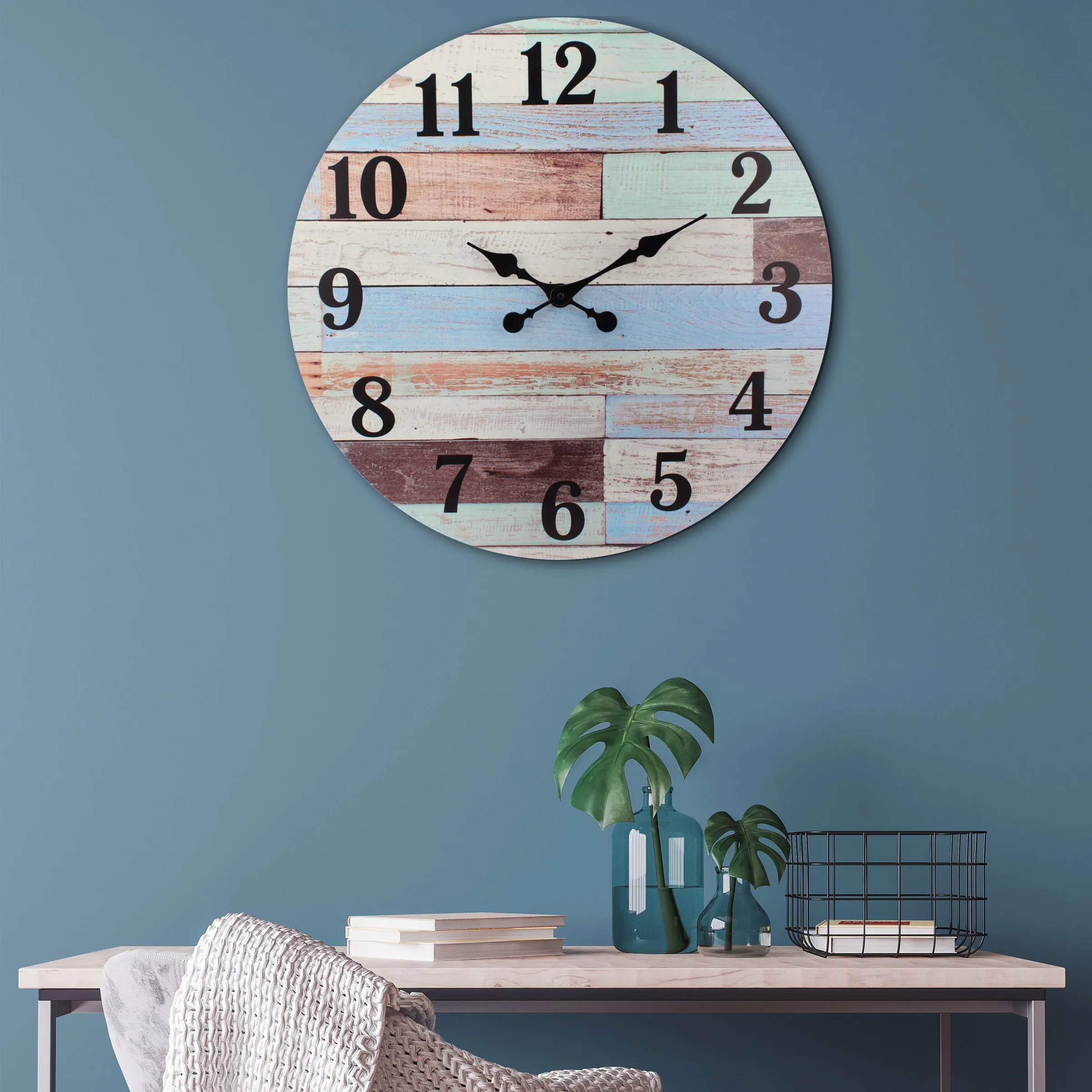 23.6” Coastal Worn Blue and White MDF Wall Clock (WS)