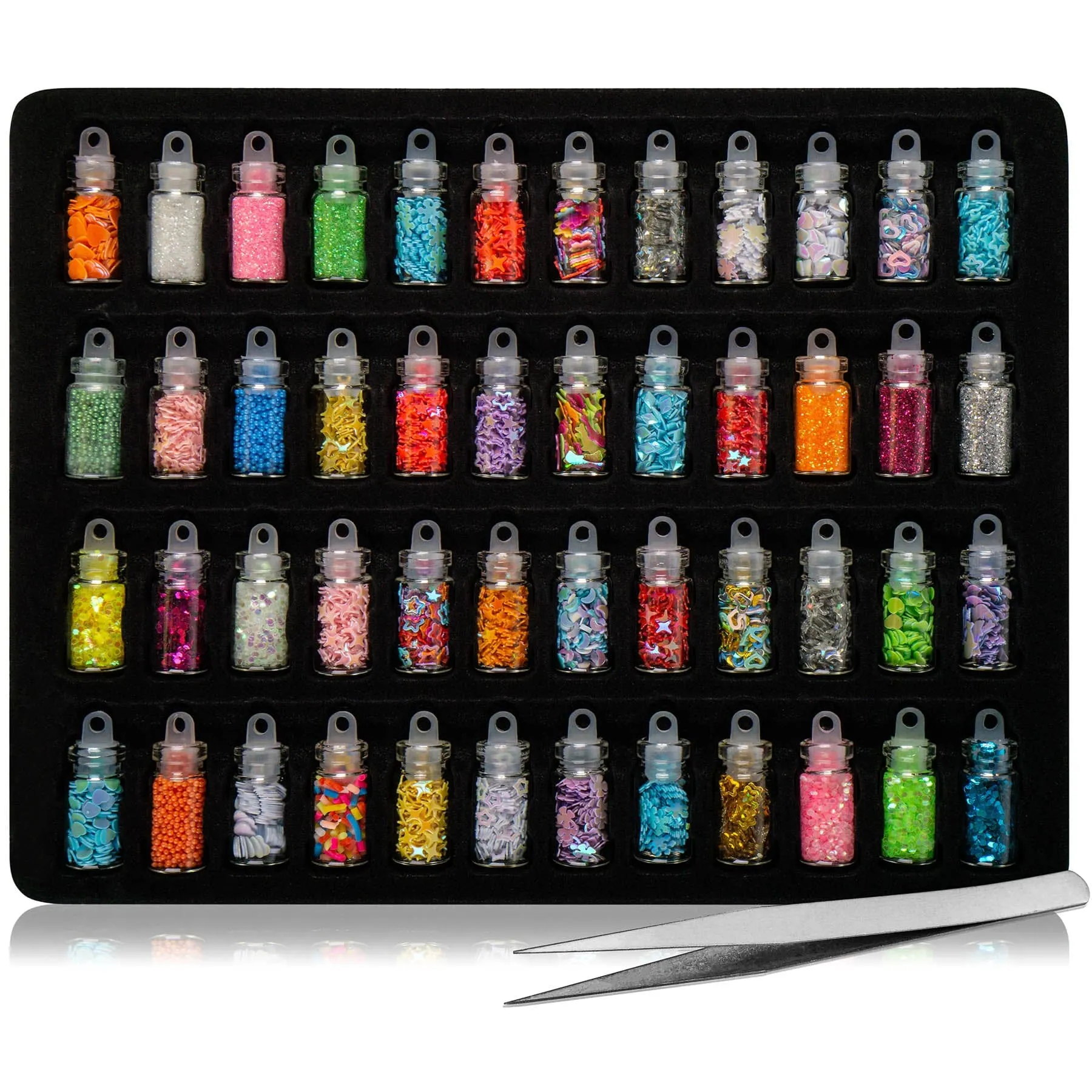 3D Nail Art Decoration Mini Bottles - 48 Glass Bottles With Free Nail Art Tweezer