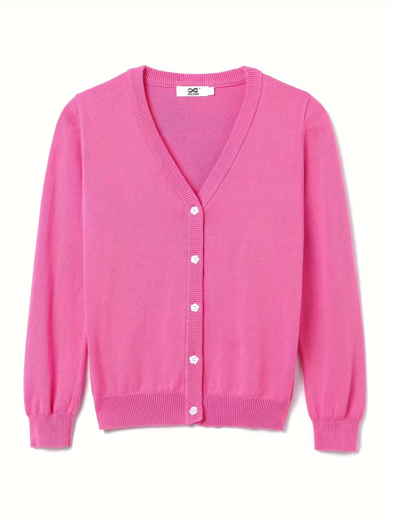 Adorable Preppy Girl's V-Neck Knit Cardigan Sweater - Soft Lightweight Cotton, Flower Buttons, Long Sleeve, Uniform Style for 5-14 Years Old Girls - Perfect for School, Casual Wear, and Outdoor Activities