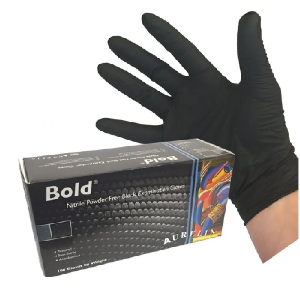 Aurelia Bold Powder Free Medical Grade Nitrile Gloves 100 x Black, Size LARGE {73998}