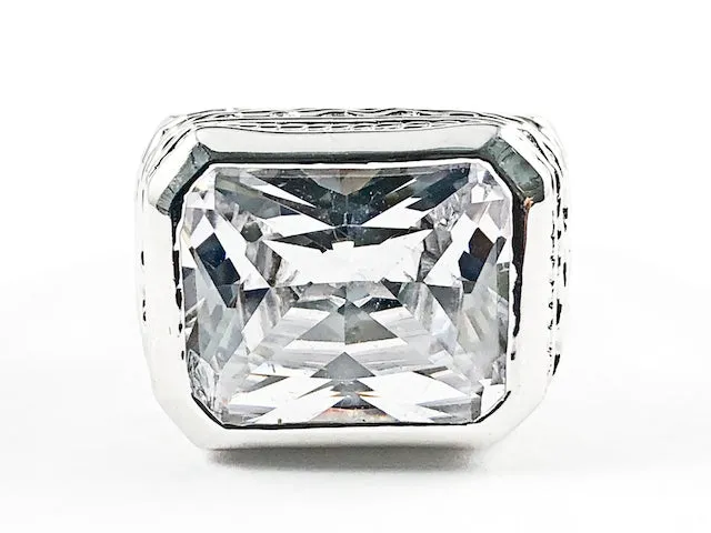 Beautiful Rectangle Shape Single Detailed Cut CZ Shiny Metallic Finish Silver Ring