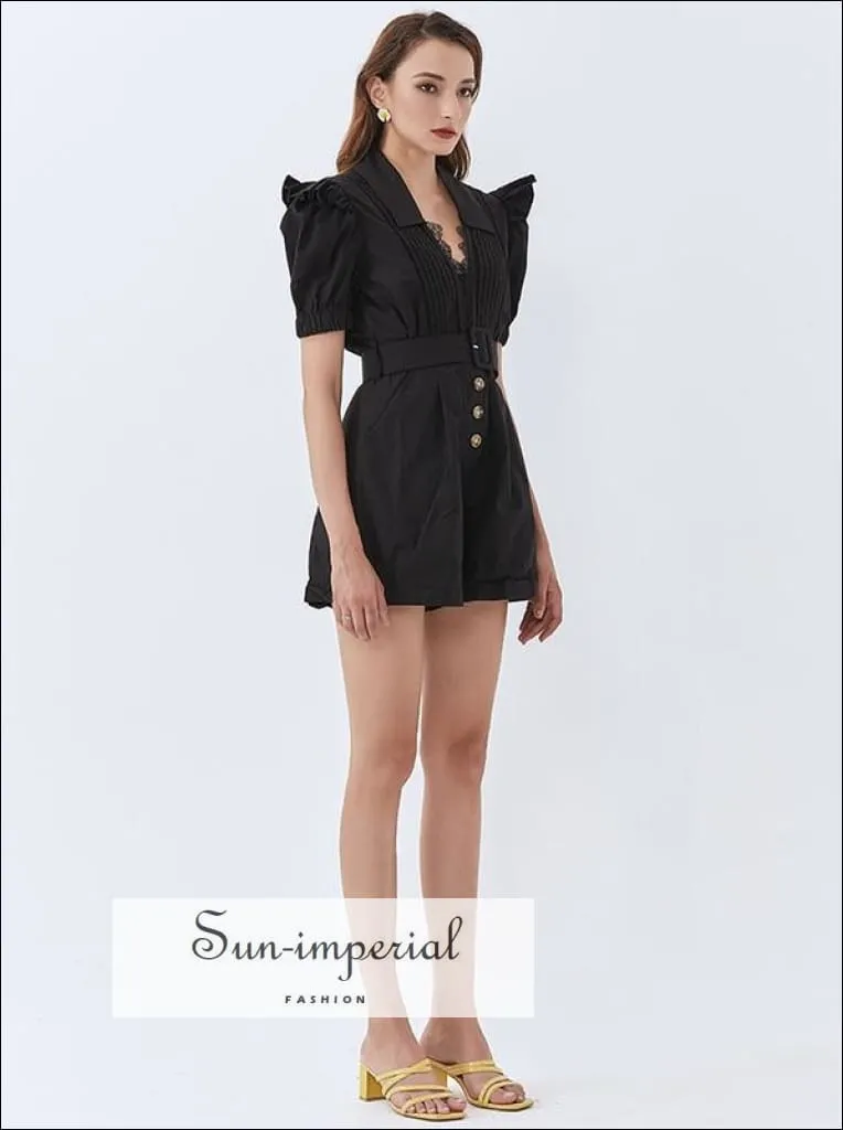 Black Fitted Short Sleeve Belted Romper with Deep V Neckline and Lace Trim detail