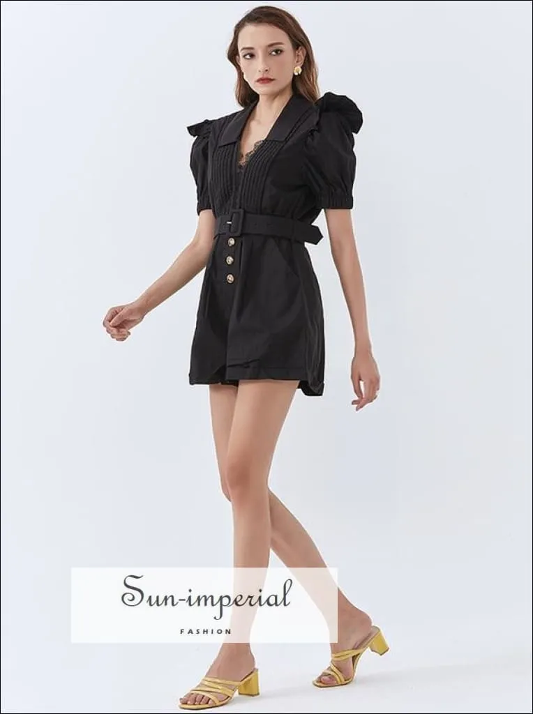 Black Fitted Short Sleeve Belted Romper with Deep V Neckline and Lace Trim detail