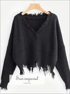 Black  Frayed Trim Drop Shoulder Jumper