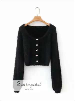 Black O Neck Knitted Long Sleeve Cardigan Sweater top with Floral Appliques detail