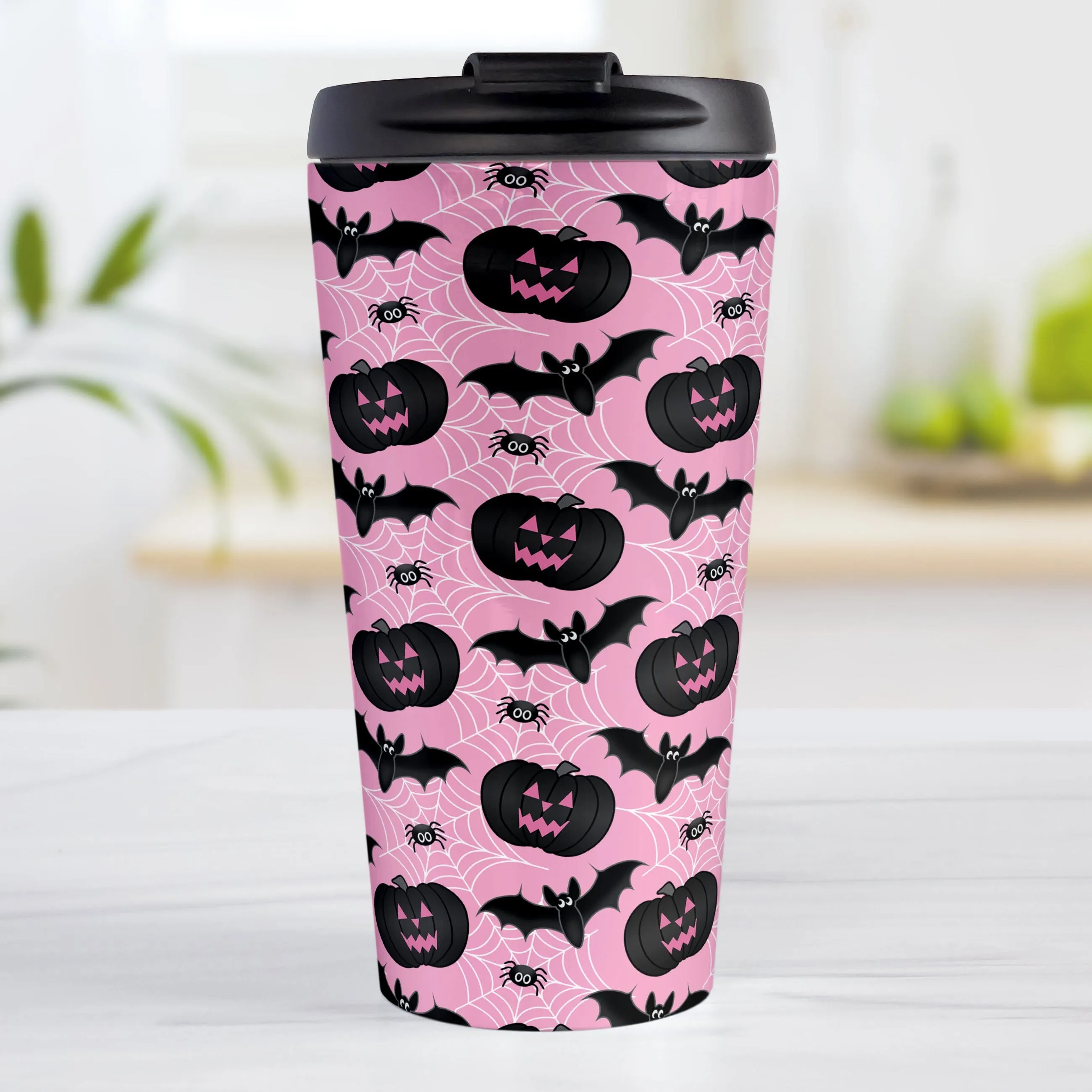 Black Pumpkins Bats and Spiders Pink Halloween Travel Mug