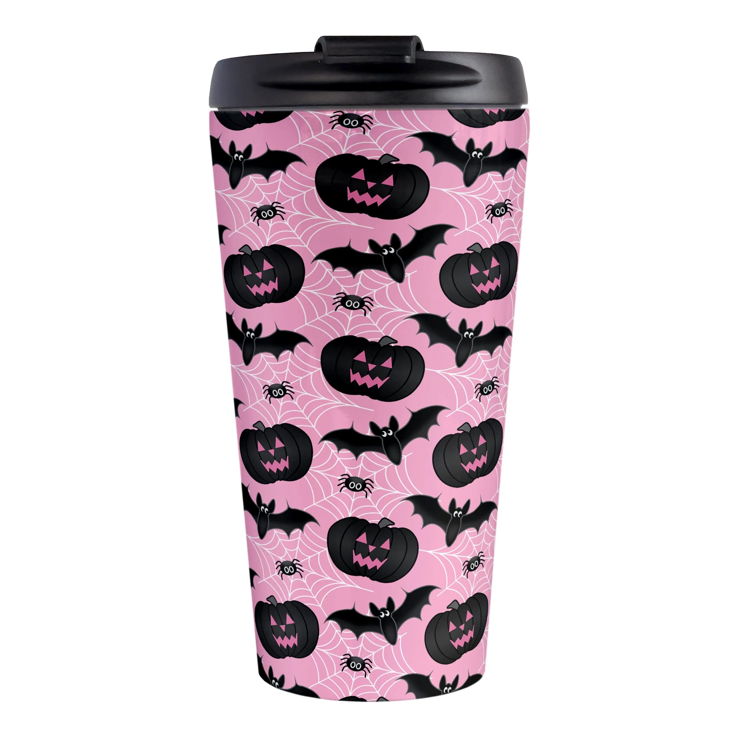 Black Pumpkins Bats and Spiders Pink Halloween Travel Mug