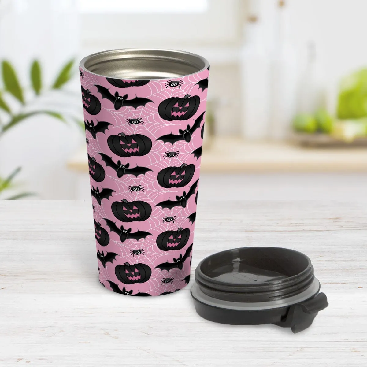 Black Pumpkins Bats and Spiders Pink Halloween Travel Mug