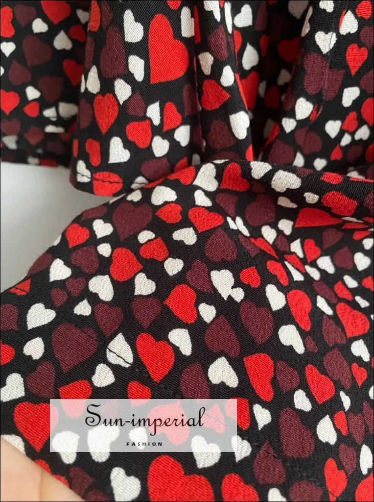 Black With Red Hearts Print Long Bell Sleeve Slit Mini Dress