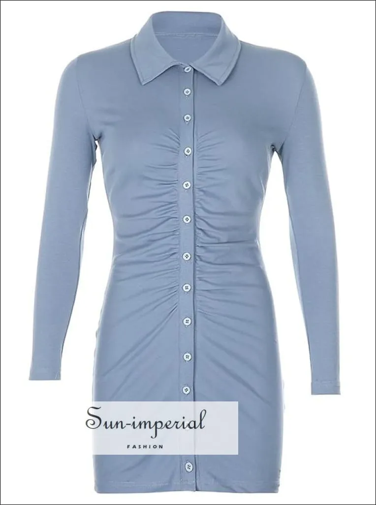 Blue Casual Long Sleeve Autumn Bodycon Mini Dress with Ruched Center and Turn Down Collar detail