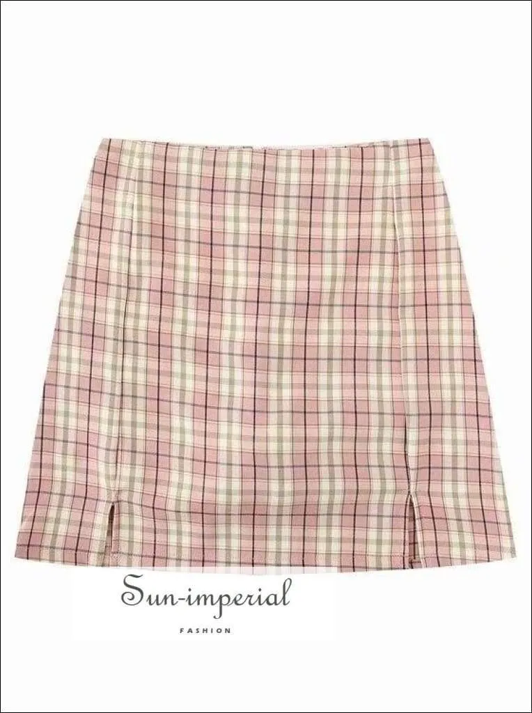 Blue Double front Slit High Waist Plaid Slim Vintage Green Gingham Checkered Mini Skirt