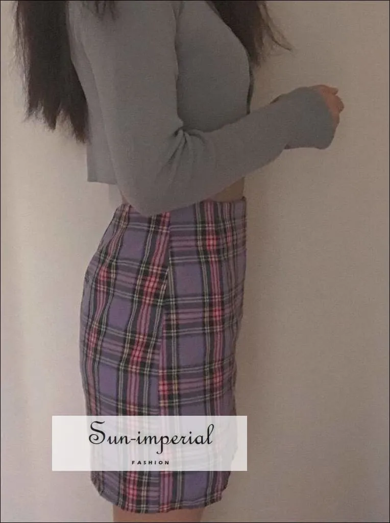 Blue Double front Slit High Waist Plaid Slim Vintage Green Gingham Checkered Mini Skirt