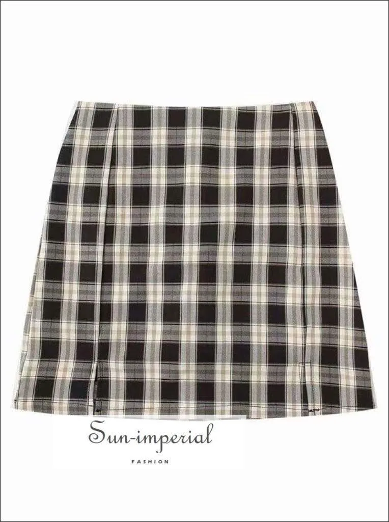 Blue Double front Slit High Waist Plaid Slim Vintage Green Gingham Checkered Mini Skirt