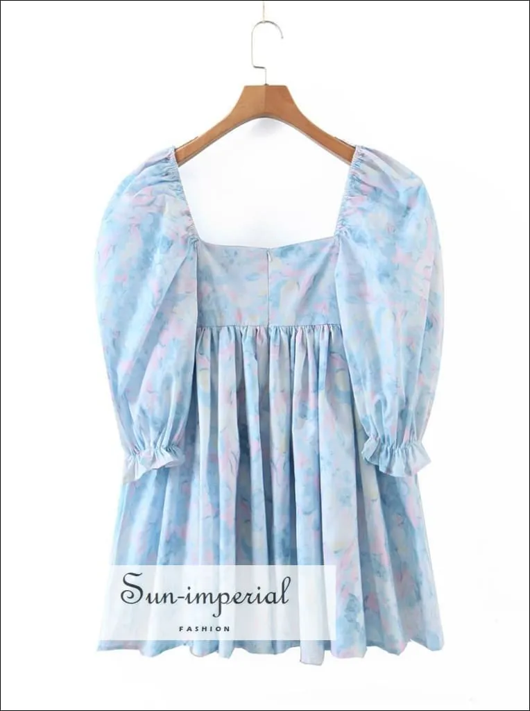 Blue Floral Print Short Puff Sleeve Square Neckline A-line Pleated Mini Dress