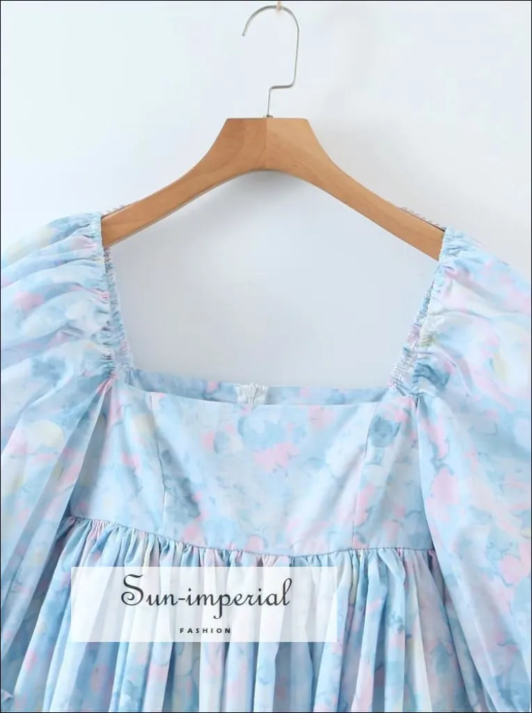 Blue Floral Print Short Puff Sleeve Square Neckline A-line Pleated Mini Dress