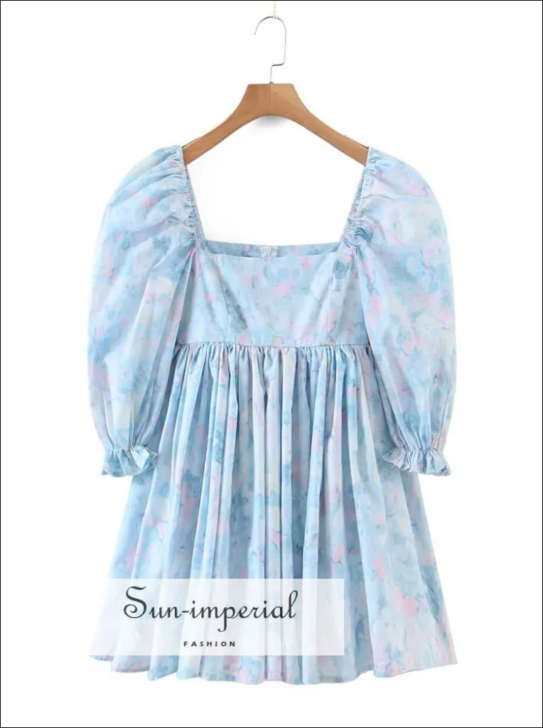 Blue Floral Print Short Puff Sleeve Square Neckline A-line Pleated Mini Dress