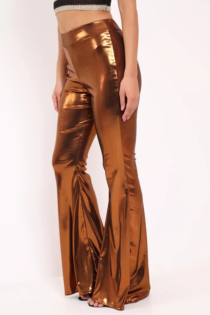 Copper Shiny Metallic High Waist Kick Flare Trousers - Islee