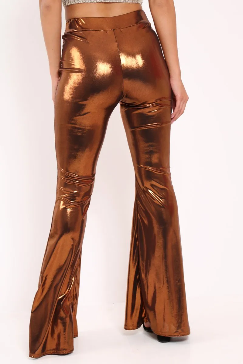 Copper Shiny Metallic High Waist Kick Flare Trousers - Islee