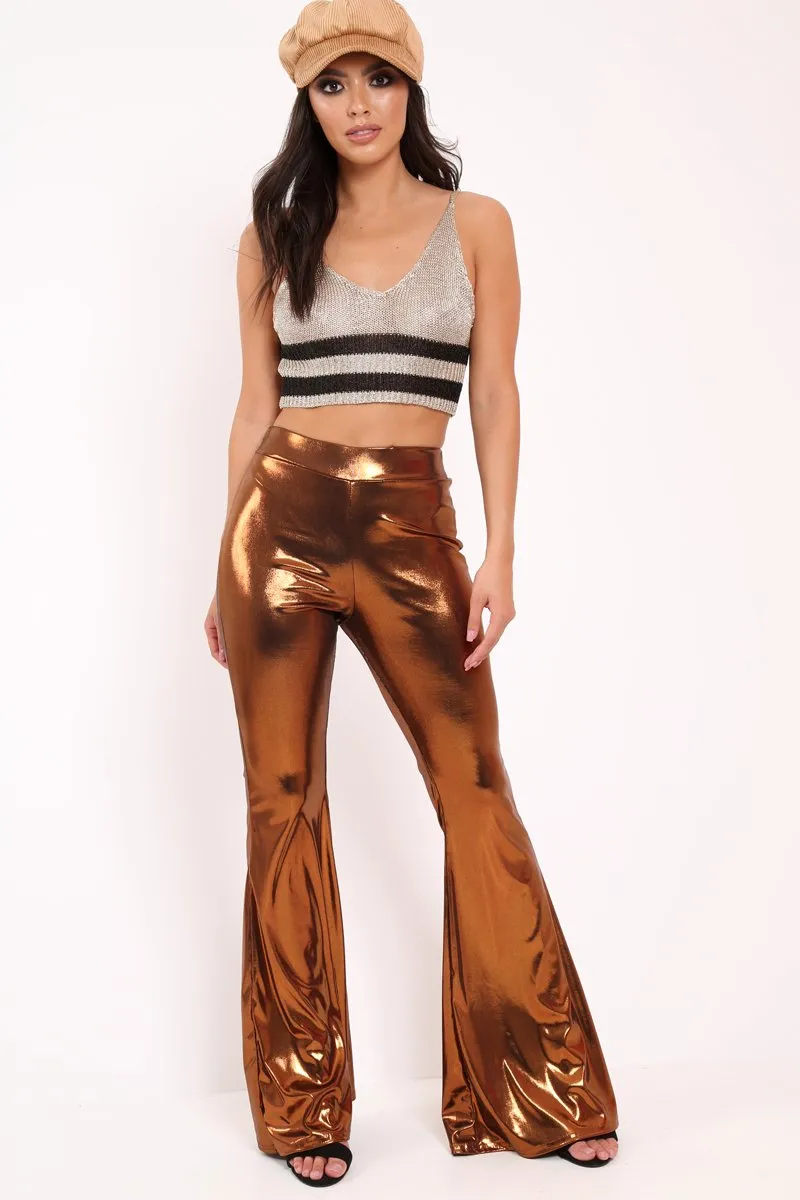 Copper Shiny Metallic High Waist Kick Flare Trousers - Islee