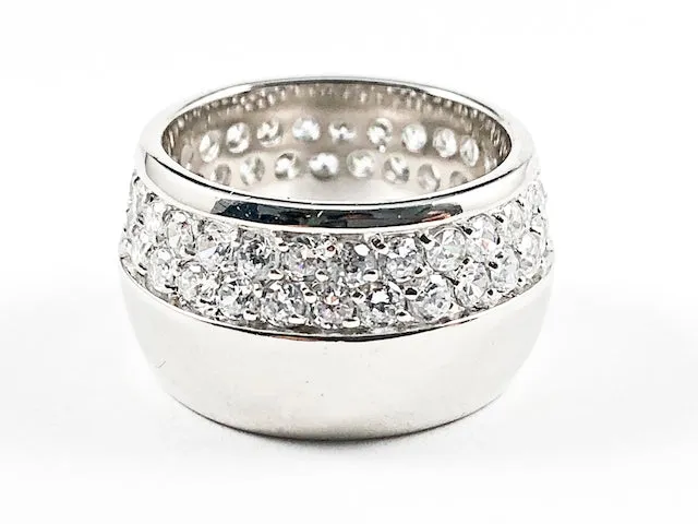 Elegant Half CZ Half Shiny Metallic Design Eternity Silver Band Ring