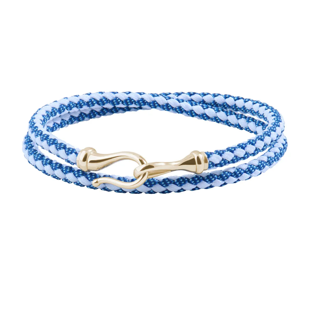 Fish Hook Blue and White Cotton Wrap Bracelet in Gold