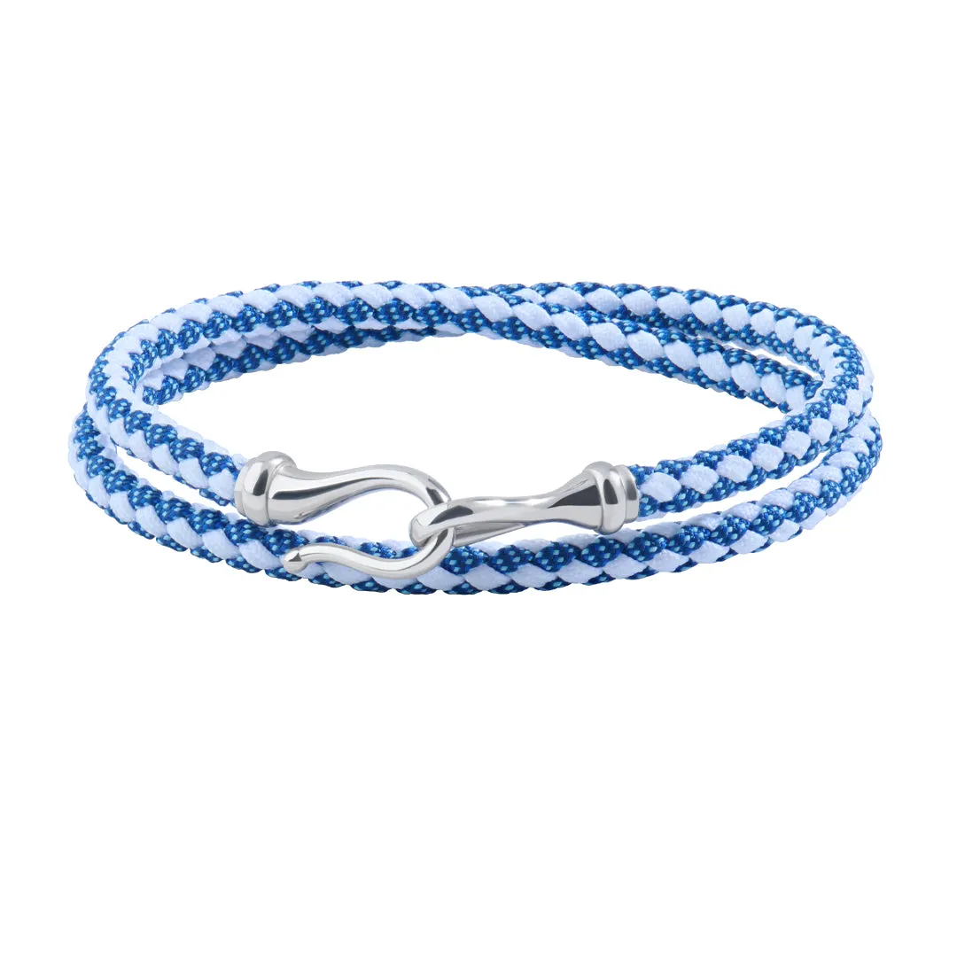 Fish Hook Blue and White Cotton Wrap Bracelet in Gold