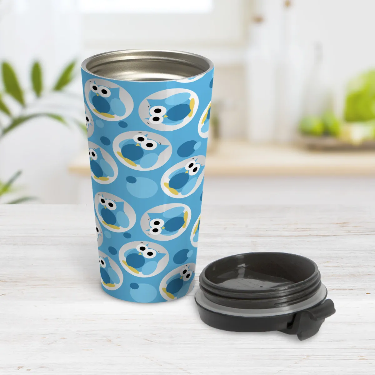 Funny Cute Blue Owl Pattern Travel Mug