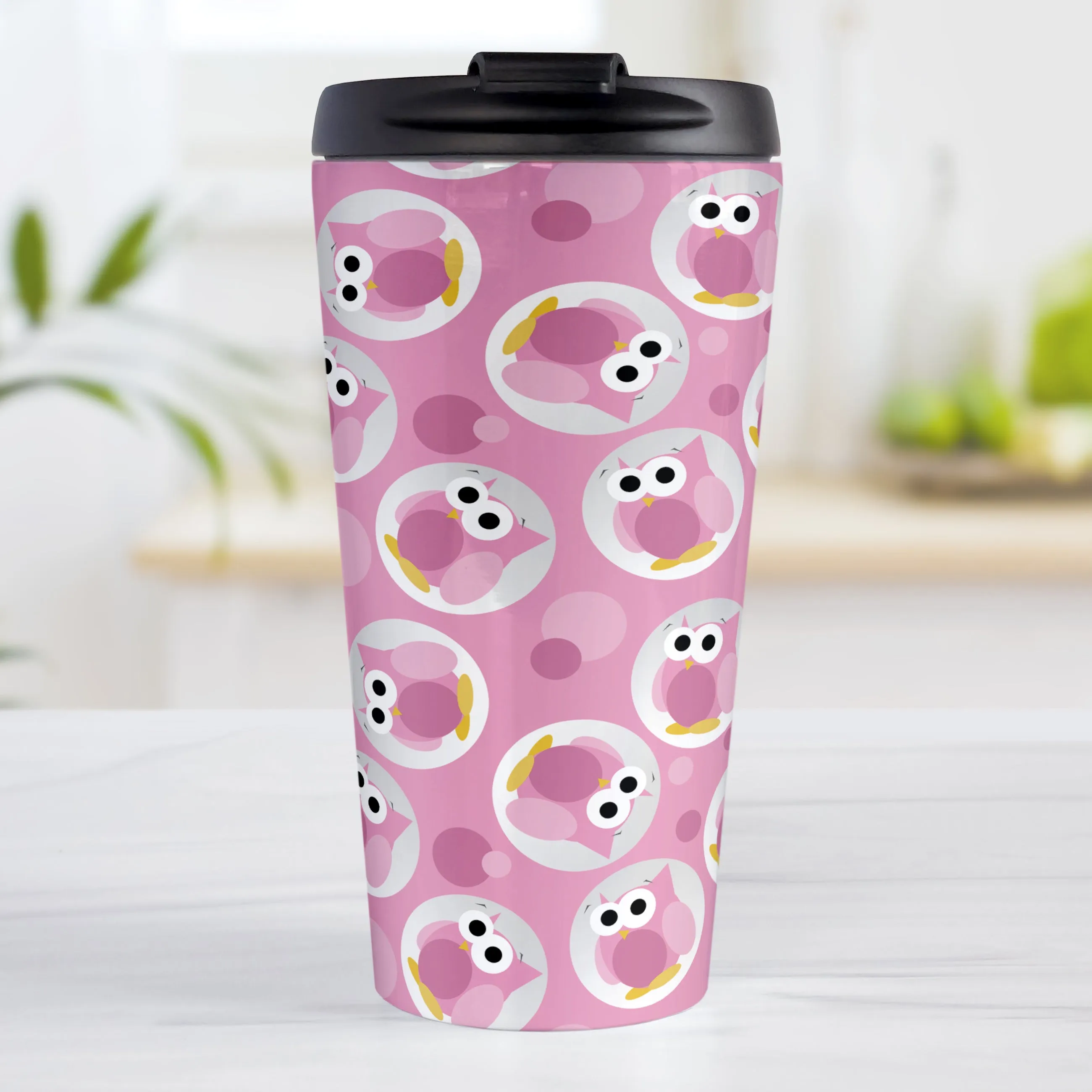 Funny Cute Pink Owl Pattern Travel Mug