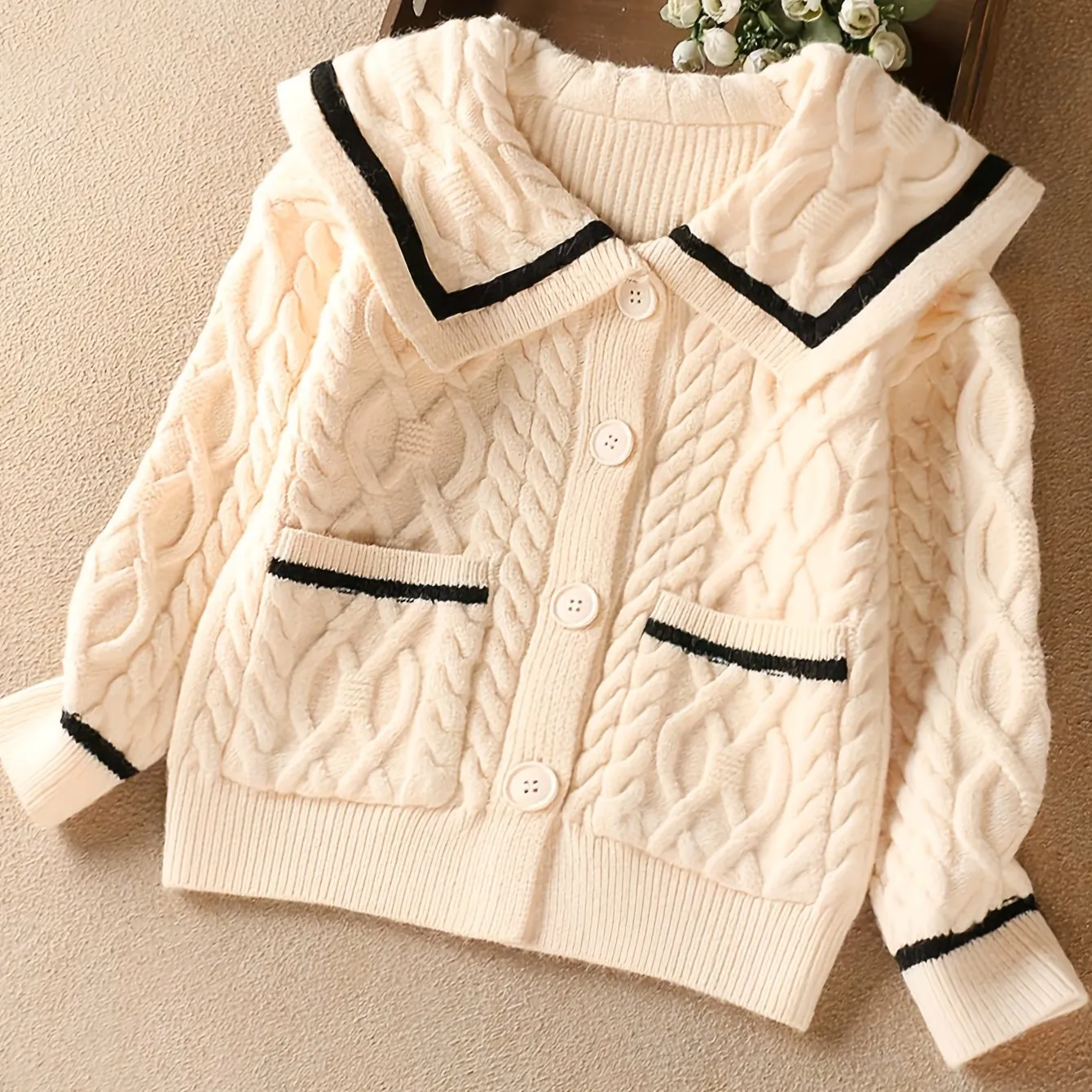 Girls Preppy Sailor Collar Short Length Knit Cardigan - Soft High Stretch Jersey Fabric, Long Sleeve, Lapel Collar, Pockets, Machine Washable, Perfect for Spring and Fall - Solid Color, Loose Fit, Regular Sleeve