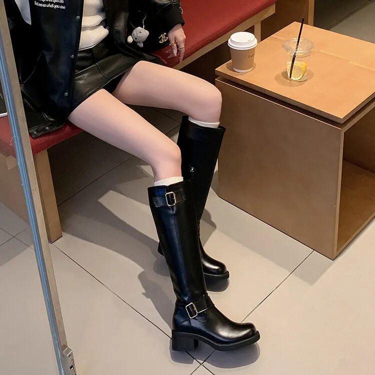 HOTan and NEWn Preppy Style Full Leather Boots Knight Boots Retro Simple and Soft Side Zipper Belt Buckle Women's High Boots