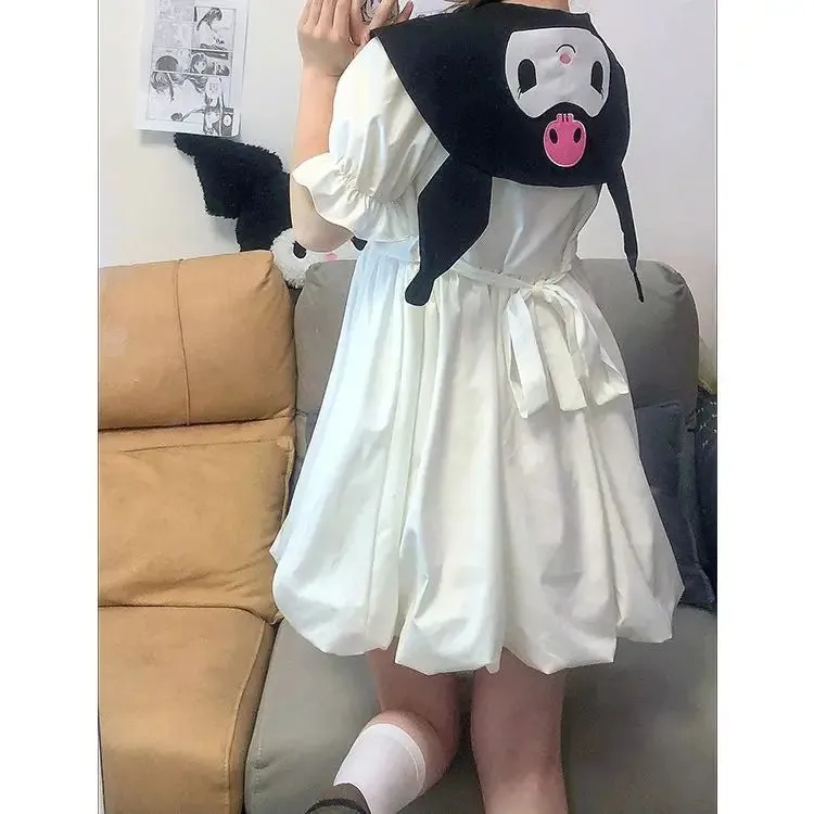 Japanese Sweet Kawaii Lolita White Dress Women Preppy Style School Tudent Sailor Collar Cute Cartoon Print Dresses