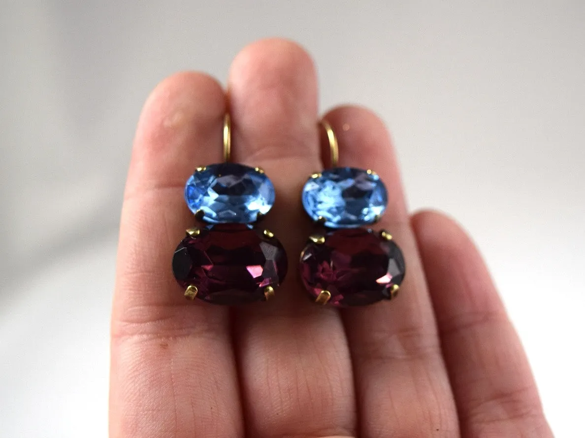 Light Blue and Purple Crystal Earrings, 18th Century Style Earrings