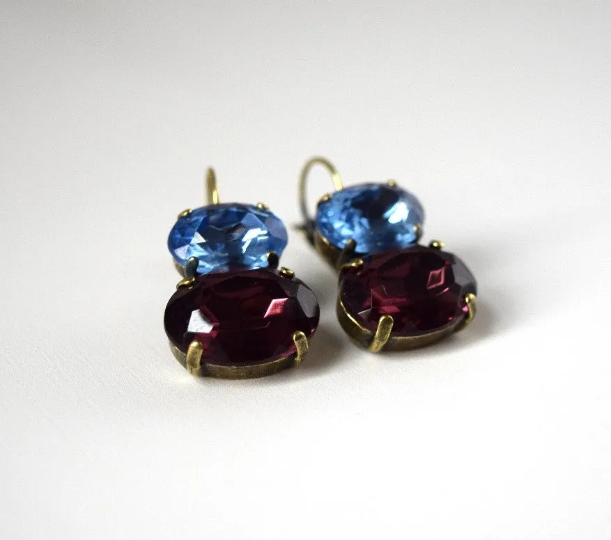 Light Blue and Purple Crystal Earrings, 18th Century Style Earrings