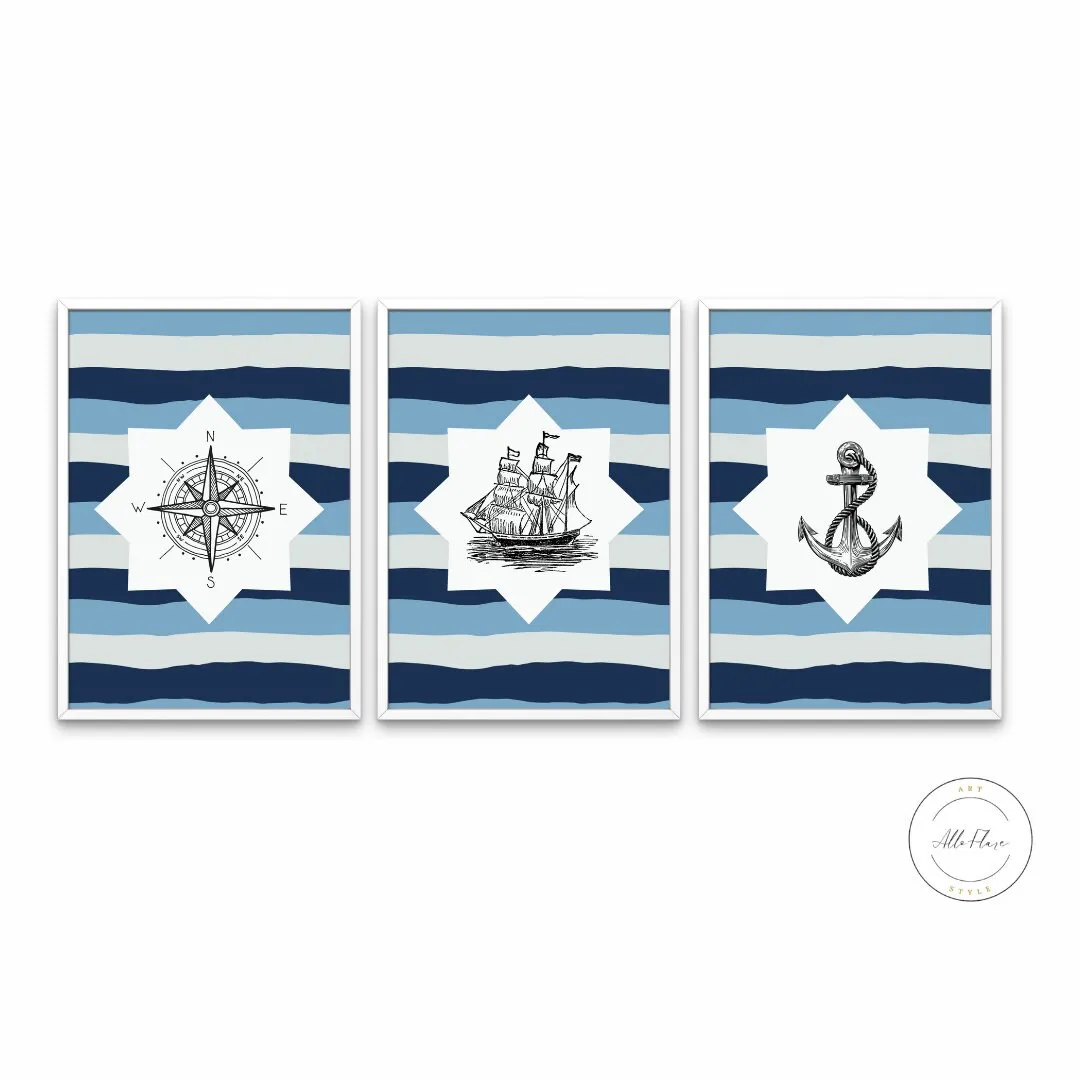 Nautical Artwork Set Of 3 PRINTABLE WALL ART, Coastal Poster Print, Nautical Wall Art, Beach House Décor, Coastal Decor, Navy Blue Seaside Print