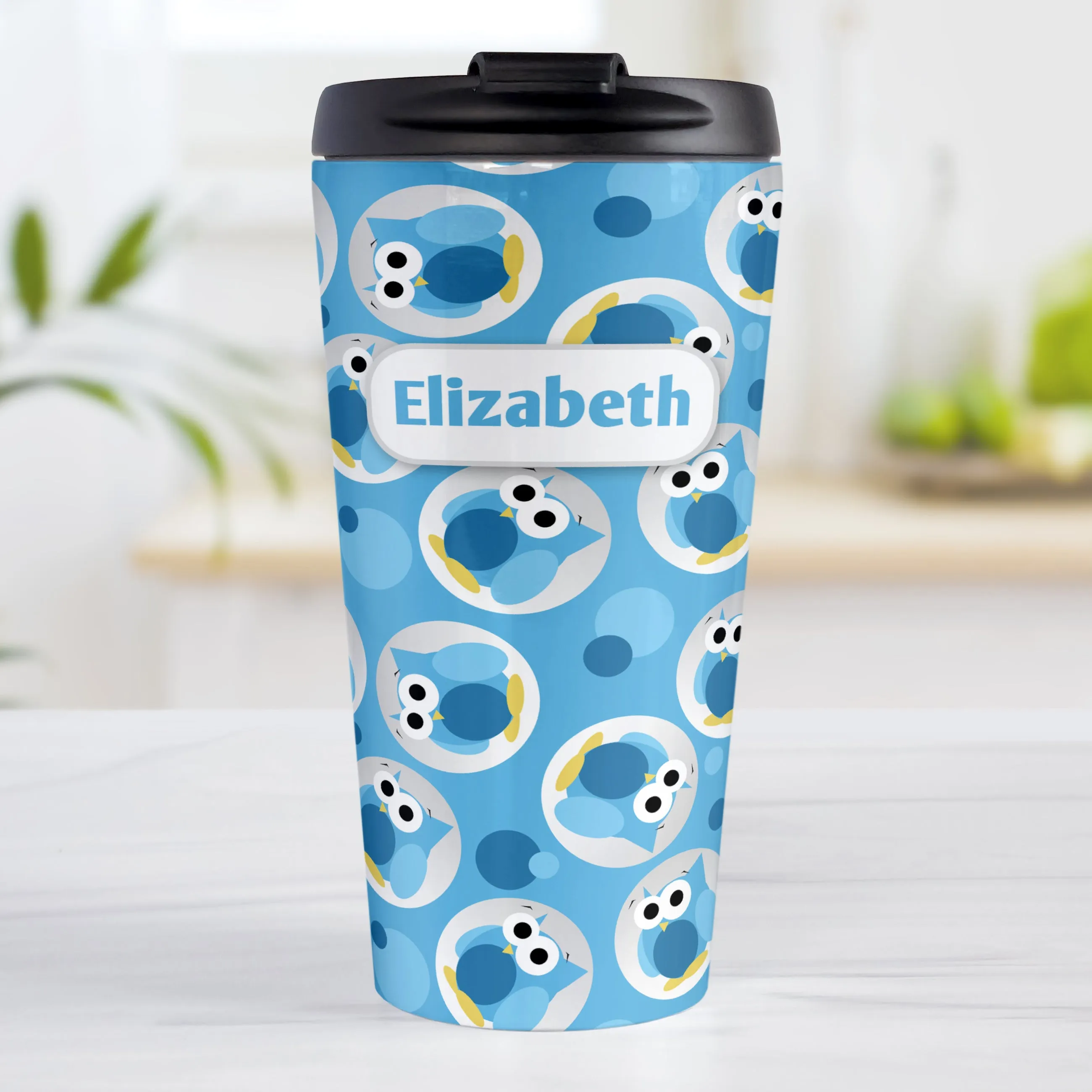 Personalized Funny Cute Blue Owl Pattern Travel Mug