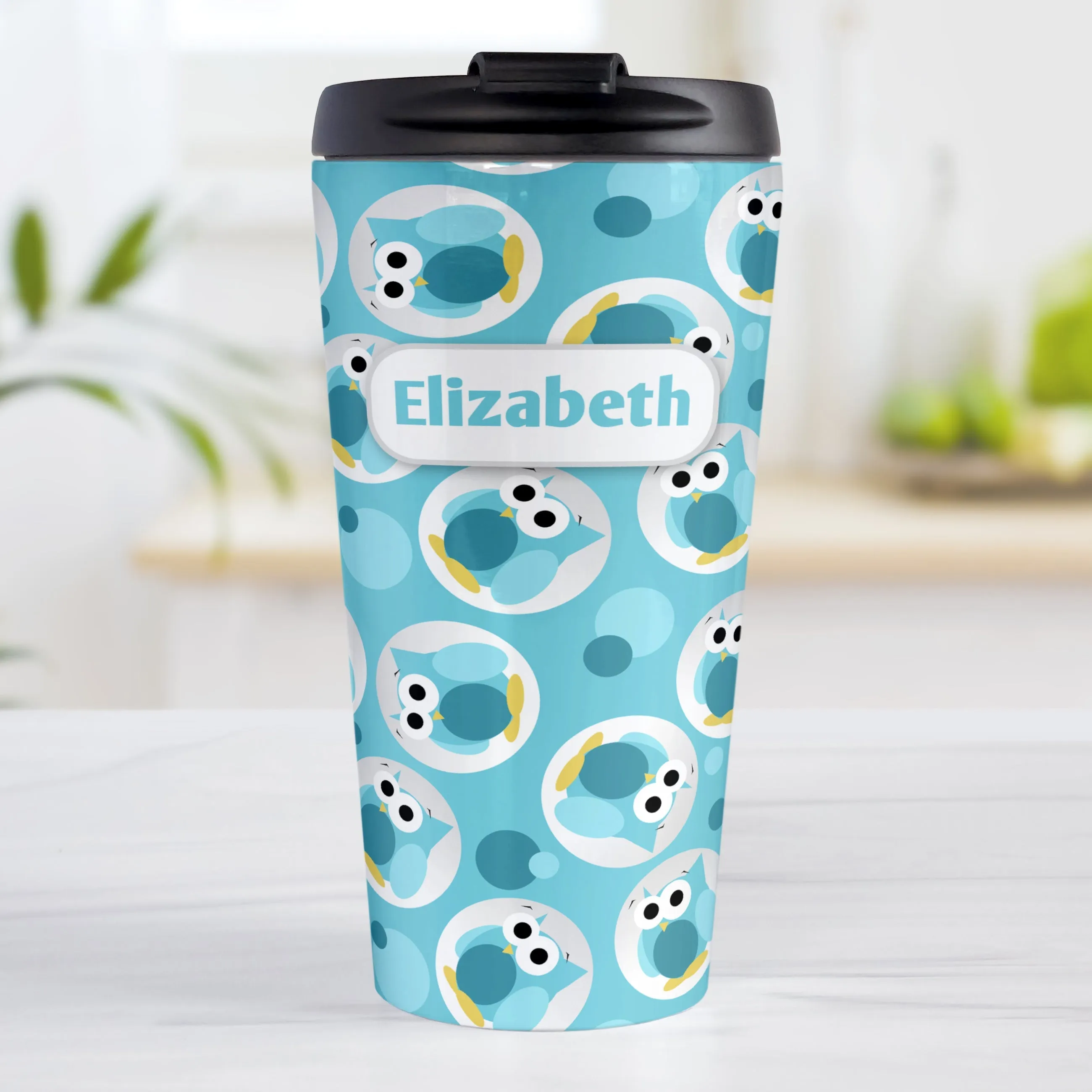 Personalized Funny Cute Turquoise Owl Pattern Travel Mug