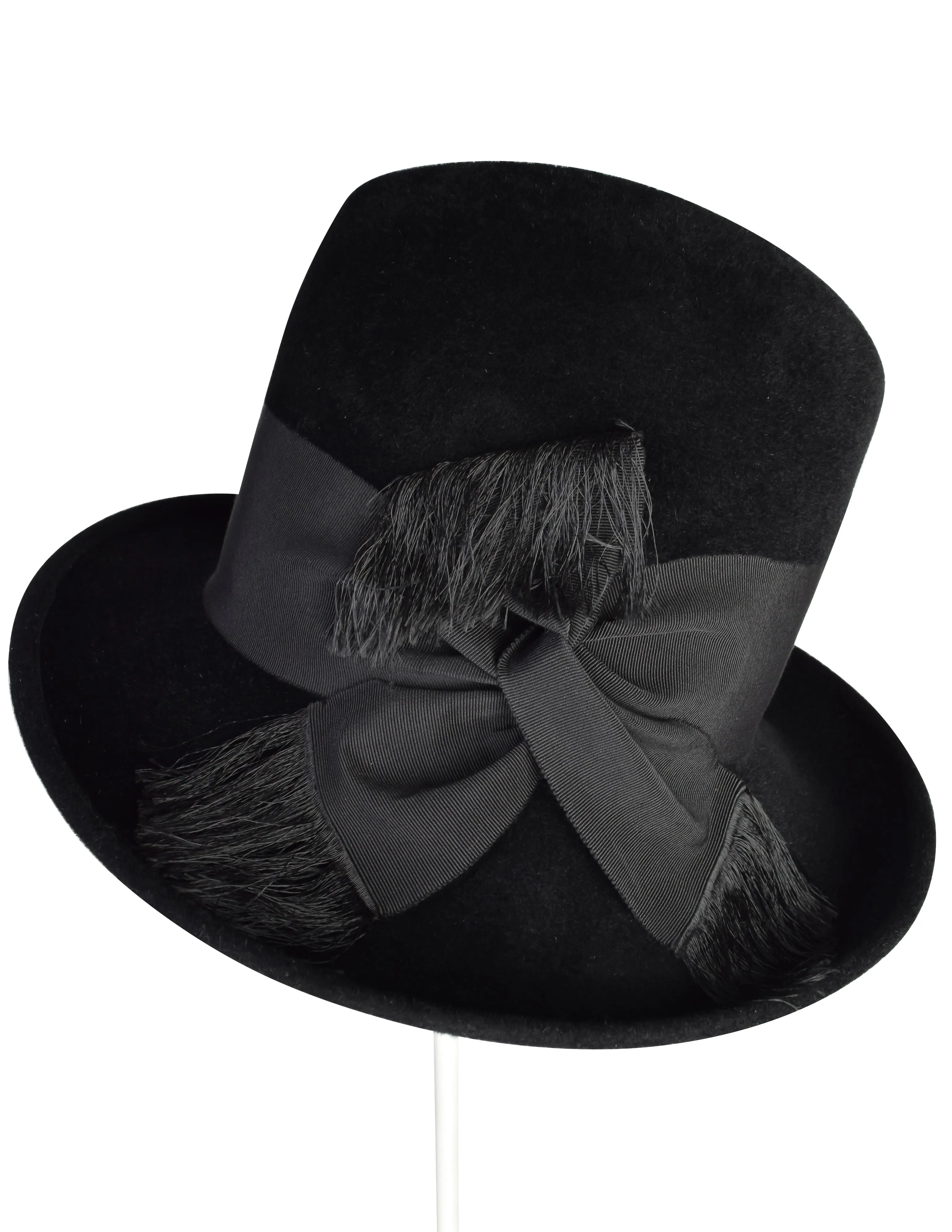 Philip Treacy Vintage Black Wool Fringed Ribbon Asymmetrical Hat