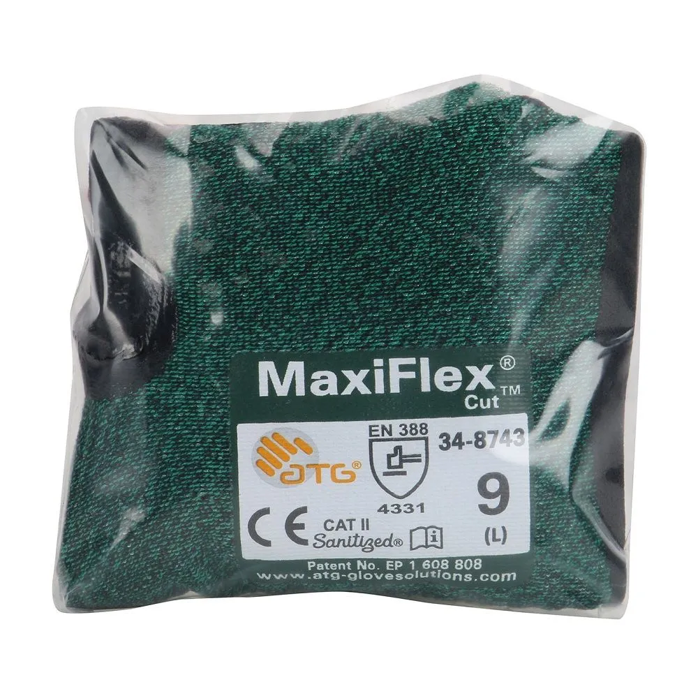 PIP ATG 34-8743V/L MaxiFlex Cut Vend Ready Seamless Knit Glove with Black MicroFoam Nitrile Coated, Green, Large, 1 Pair