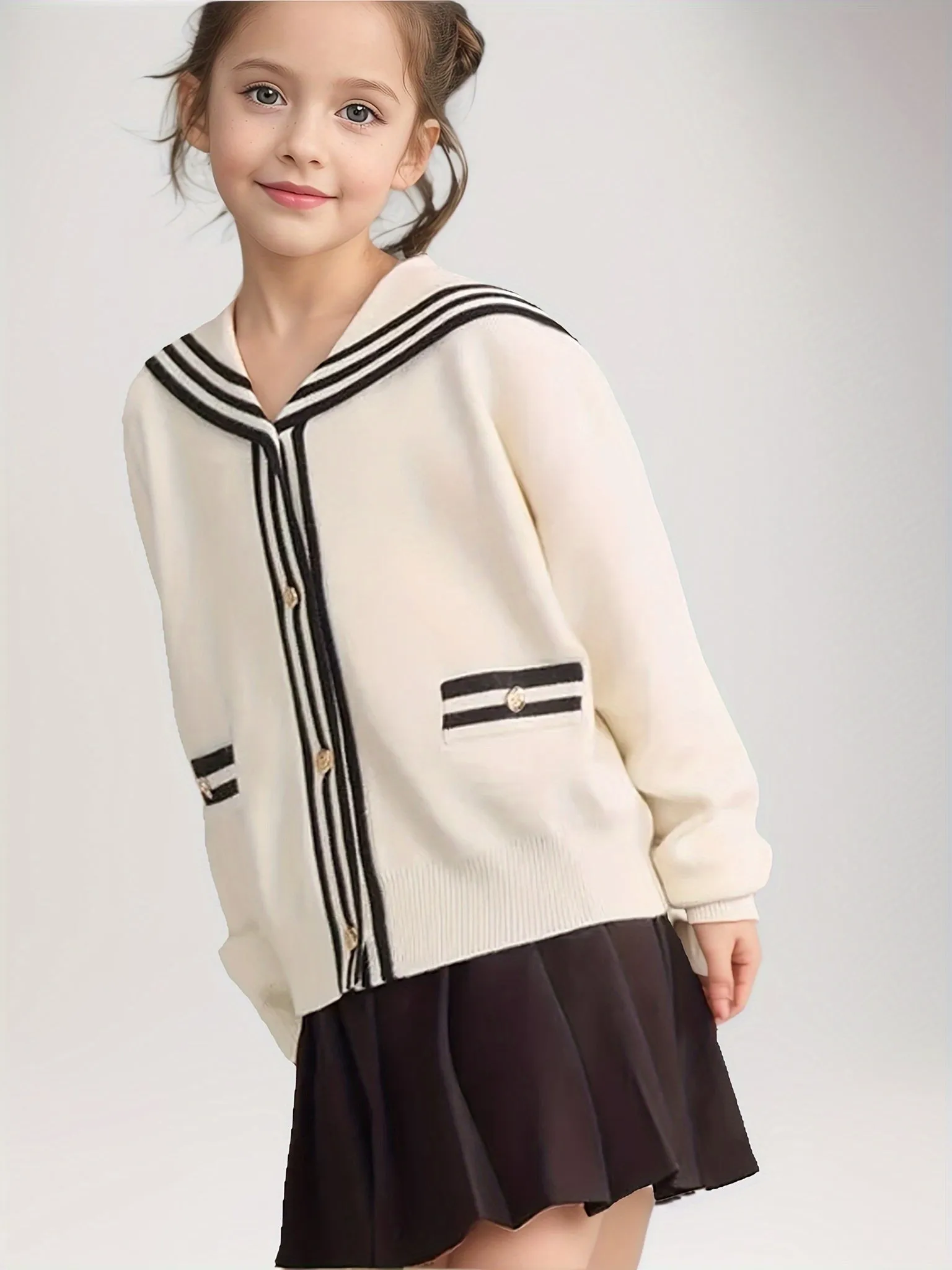 Preppy Style Girls Pure Cotton Cardigan Button-up Striped Knit Sweater Tops