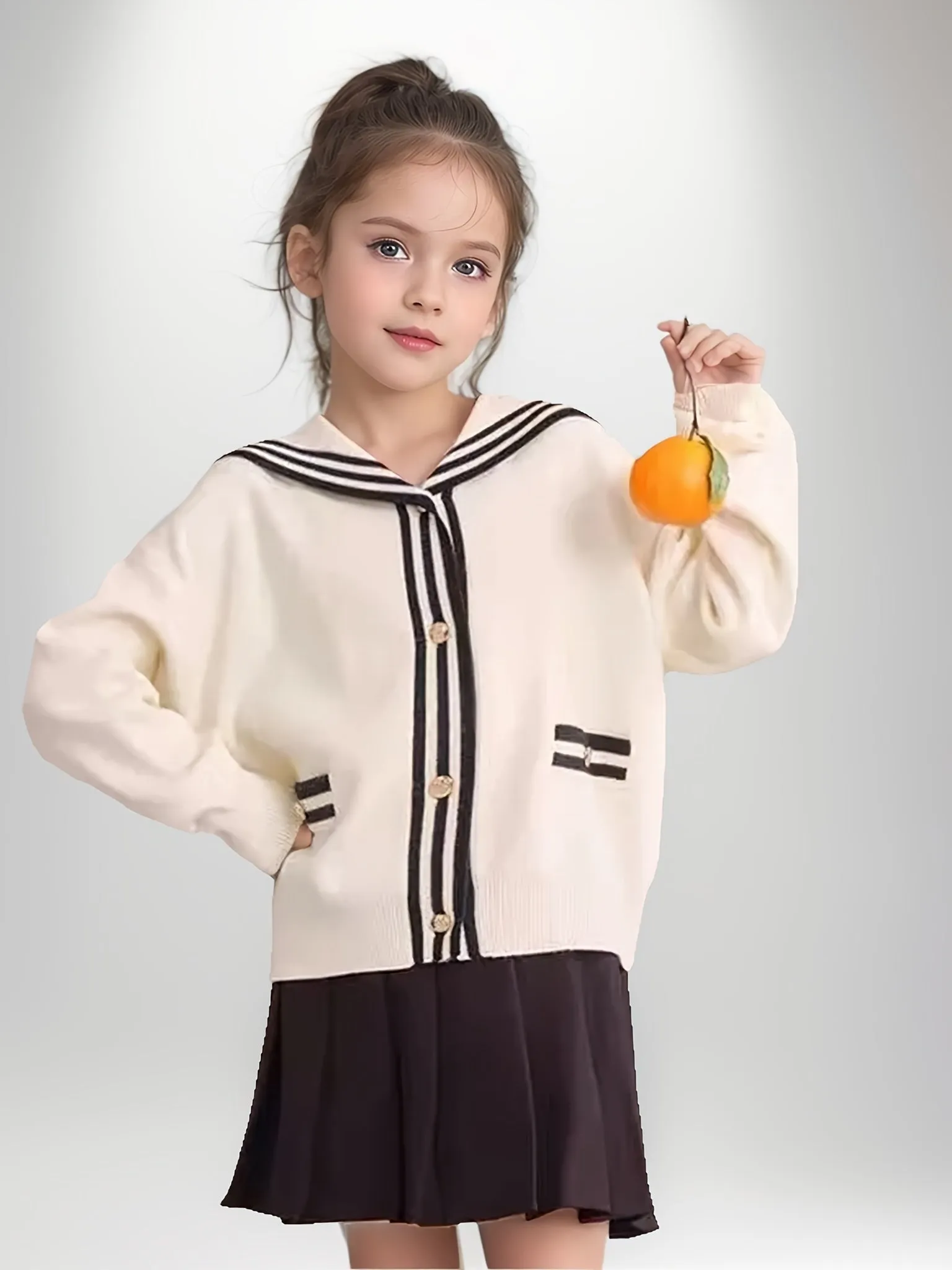 Preppy Style Girls Pure Cotton Cardigan Button-up Striped Knit Sweater Tops