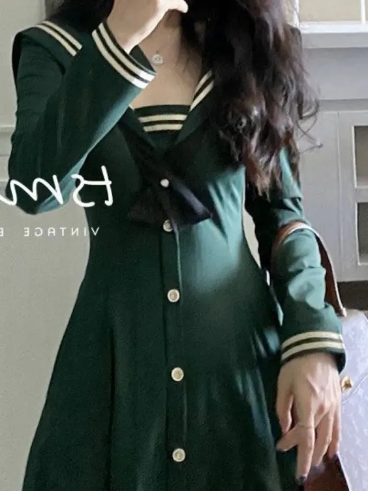 Preppy Style School Kawaii Cute Dress Women Soft Girl Student Sailor Collar Midi Dresses Vintage Long Sleeve Autumn