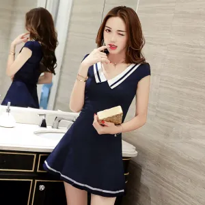 Slimming V-Neck Preppy Style Navy Simplicity Slim-Fit Dress