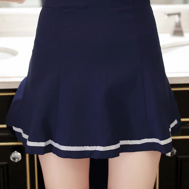 Slimming V-Neck Preppy Style Navy Simplicity Slim-Fit Dress