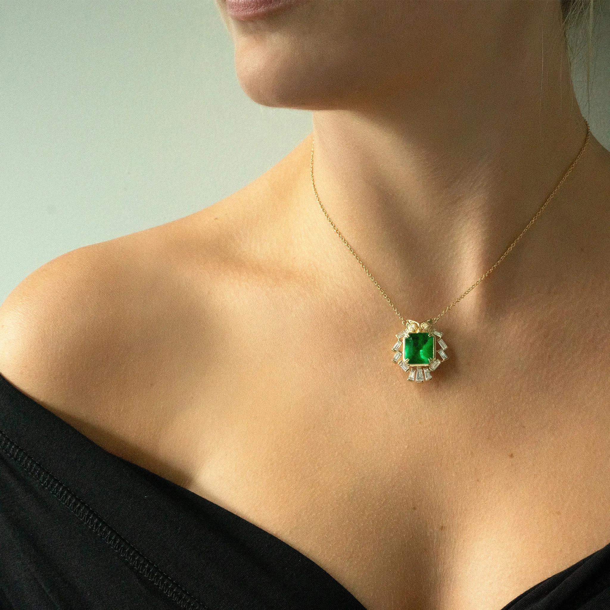 Special Edition Brazilian Emerald Owl Pendant with Tapered and Baguette Diamonds