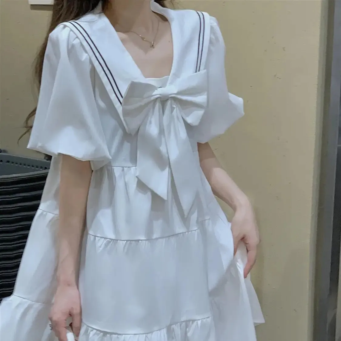 Sweet Kawaii School White Dress Women Japanese Preppy Style Sailor Collar Puff Sleeve Ruffles Dresses korean Summer