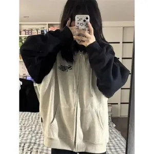 Vintage Hoodies Women Casual Korean Preppy Style Oversized Basic Zip Up Sweatshirts Autumn Chic Female Harajuku Fashion