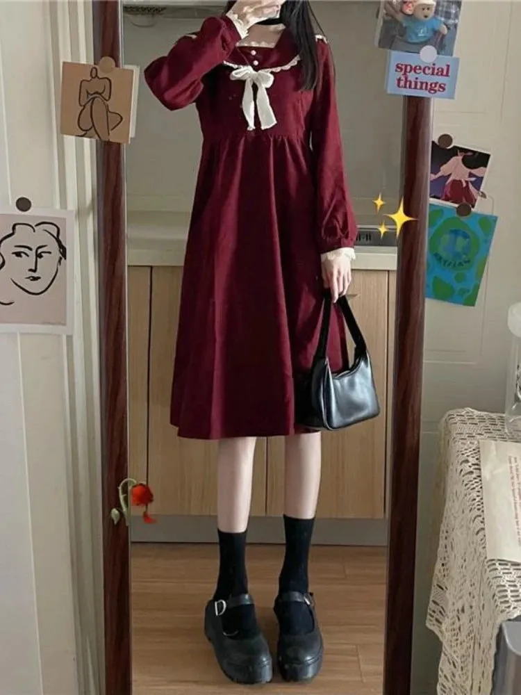 Vintage Preppy Style School Student Dress Red Japanese Harajuku Korean Kpop Sailor Collar Long Sleeve Dresses Autumn