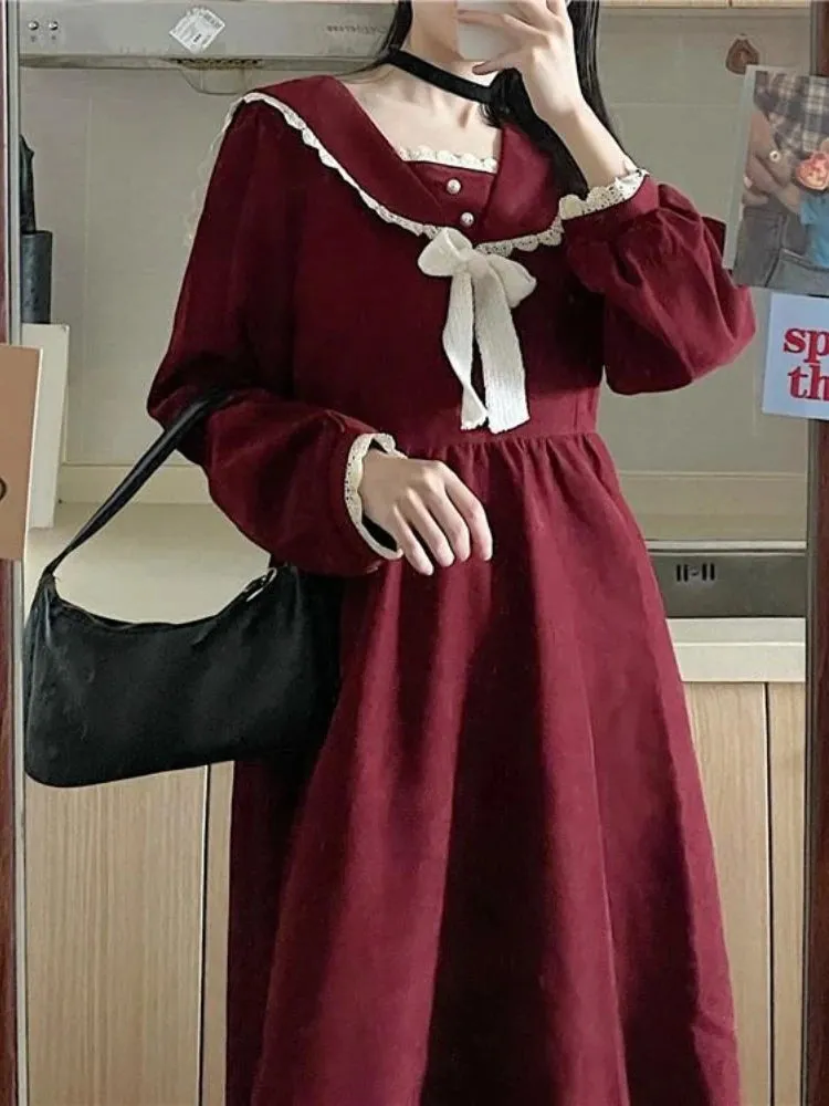 Vintage Preppy Style School Student Dress Red Japanese Harajuku Korean Kpop Sailor Collar Long Sleeve Dresses Autumn