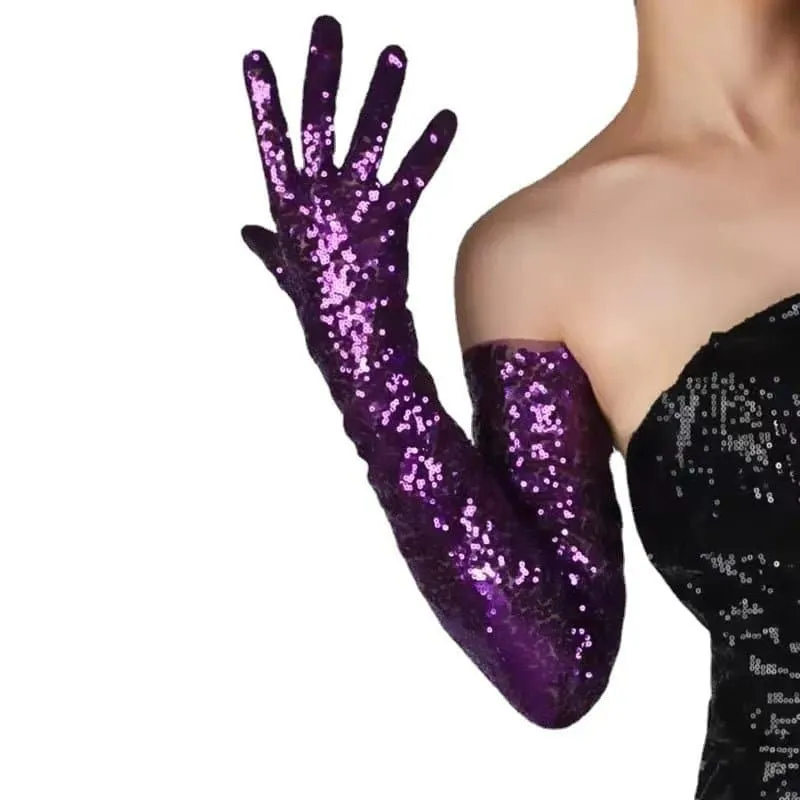 Women's 70cm Glitter Long Gloves - Fashionable Arm-Length Solid Pattern Gloves for Women